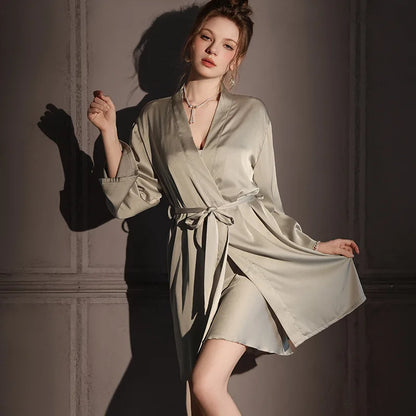 High Quality Classic Solid Nightgowns Women Summer Sexy Nightdress Elastic Satin Pajamas Female Ice Silk 2pcs Suit Nightwear ﻿