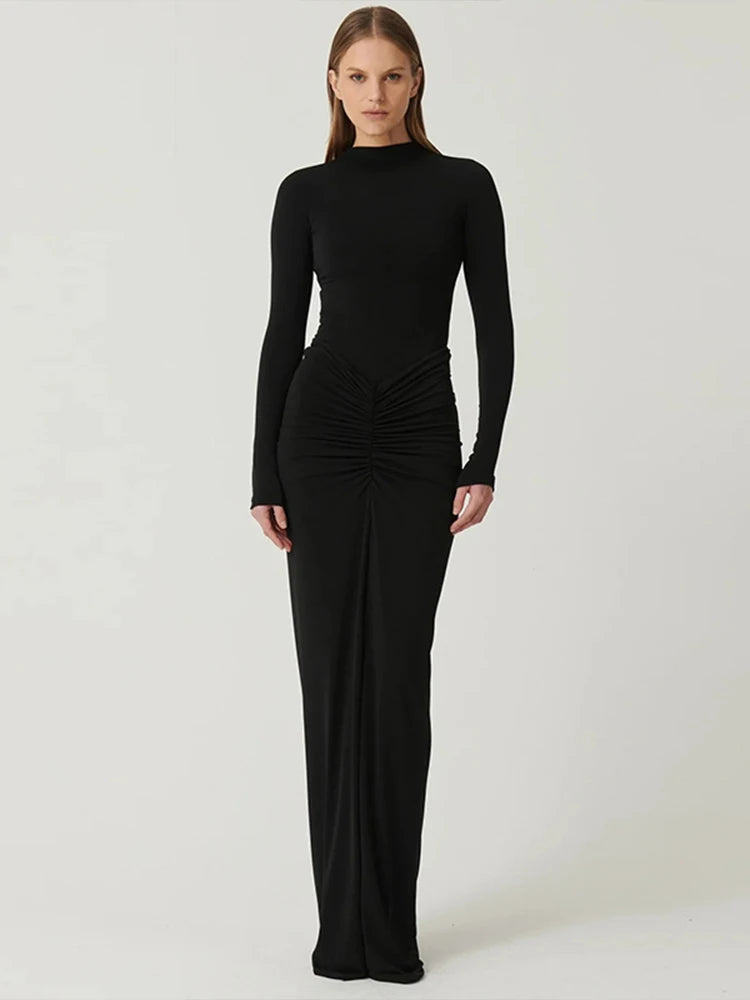 Podzimní ženy šaty nové streetwear solidní sexy módní záhyby o-krku dlouhé rukávy příležitostné štíhlé maxi šaty elegantní pletené šaty