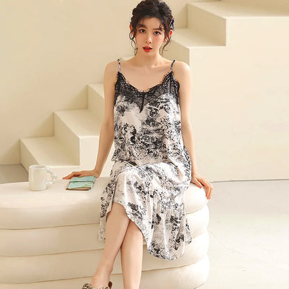 Summer Pajamas Lace Sling Camisolas Night Dress Plus Size Modal Lingerie Sleep Dress for Women Nightgown Retro Sexy Dress