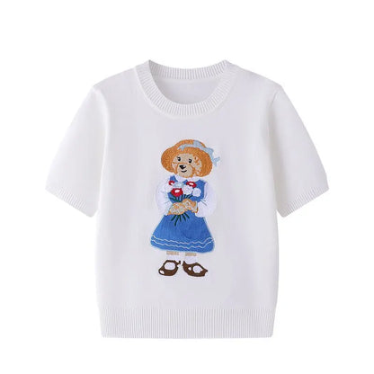Eurooppalainen tyylinen luksusbrändi löysä O-kaula-aukkoa Pullover Tops Neule Woman Lyhythihainen T-paita Ladies Wooleulottu villapaita