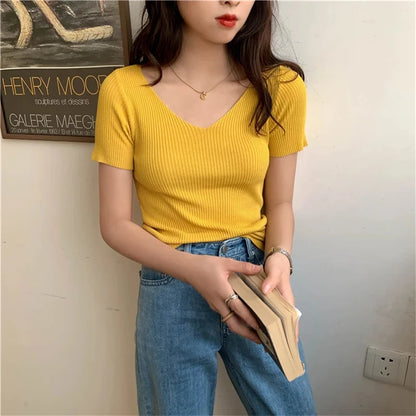 Grundlæggende V-hals solid tynd sommer pullover kvinder kvinde strikket ribbed sweater slank kortærmet bodycon sweater