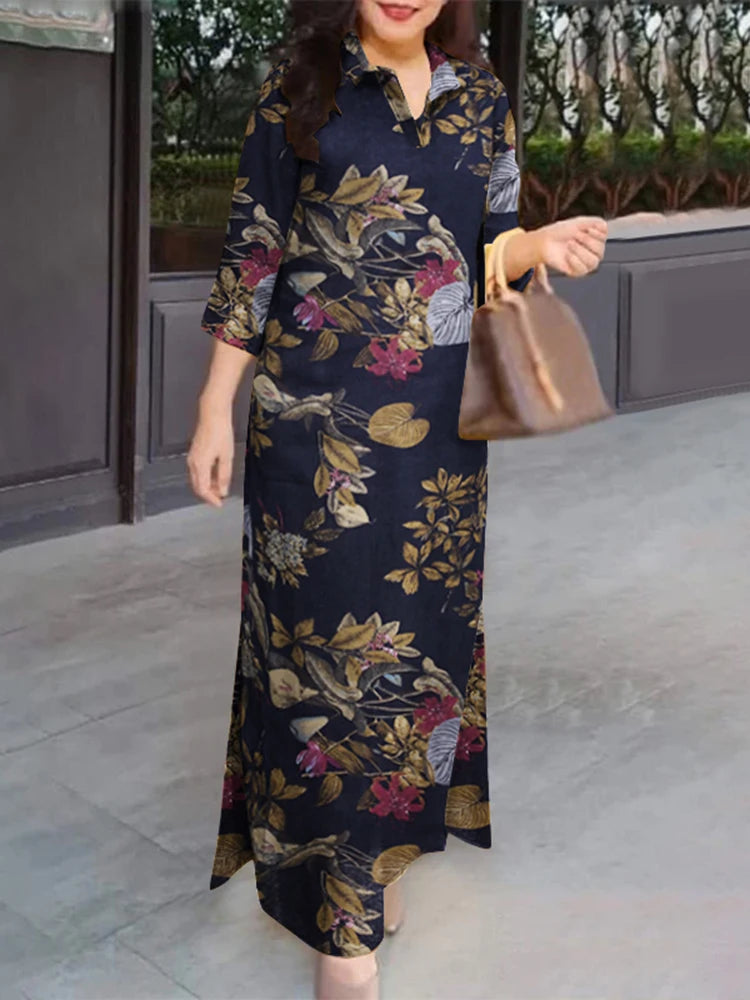 Zanzea Kvinder 3/4 ærme Lange kjoler Fall 2024 Fashion Lapel Neck Cotton Shirtdress Vintage Floral Print Maxi Shirt Dress Ny i