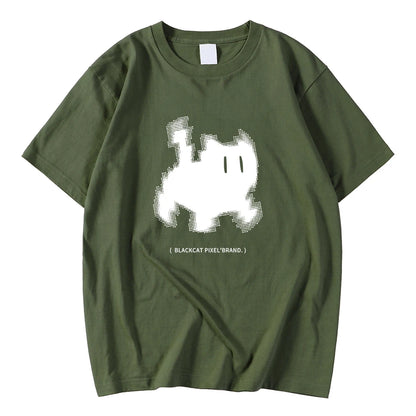 Koreanska mode kvinnors t-shirts svart katt pixel tecknade tryck toppar bekväma mjuka o-hals lösa korta ärm kvinnliga kläder