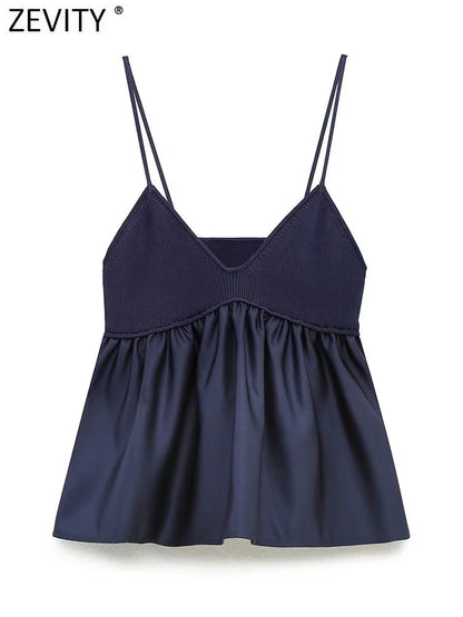 Zevity Women Sexy V Neck Strik patchwork Hem Pleats Sling Smock Blouse Kvindelig skjorte Blusas Chic Tops LS3689