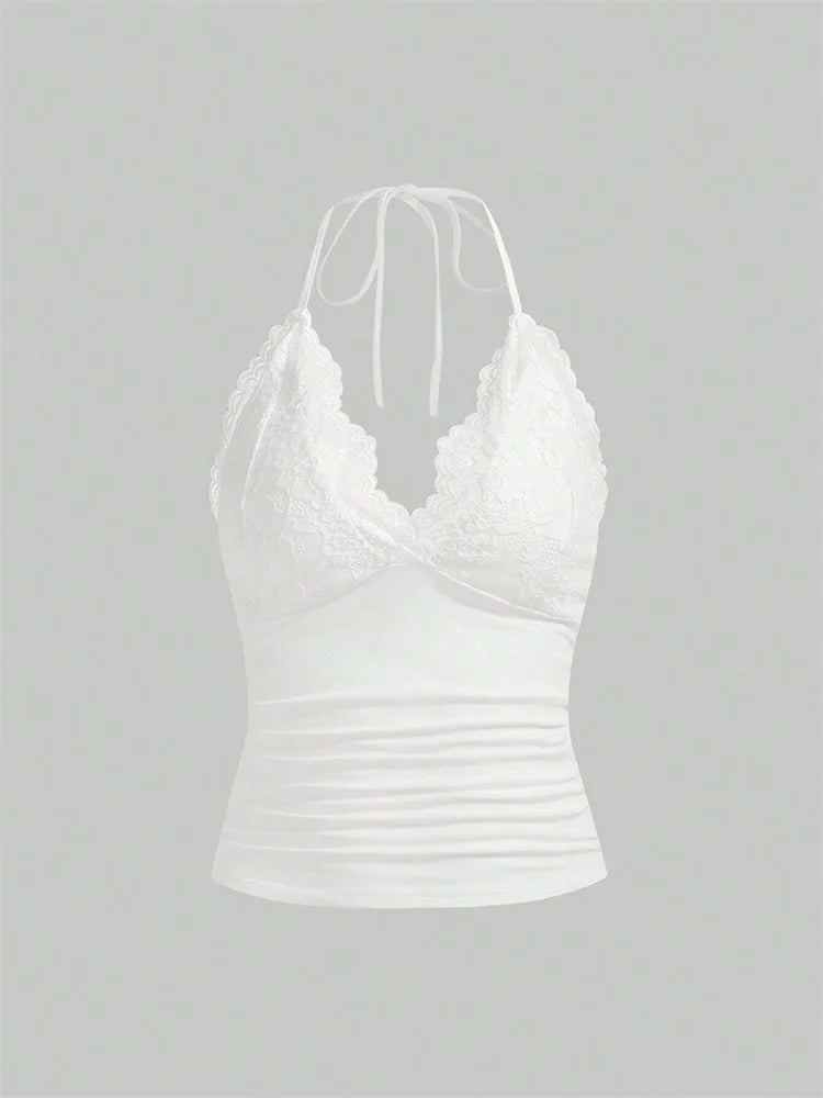 Lace v-aukko riiman naisilla kesällä seksikäs grunge punk goth backless Ruched sato Cami Top Streetwear y2k vaatteet 2024