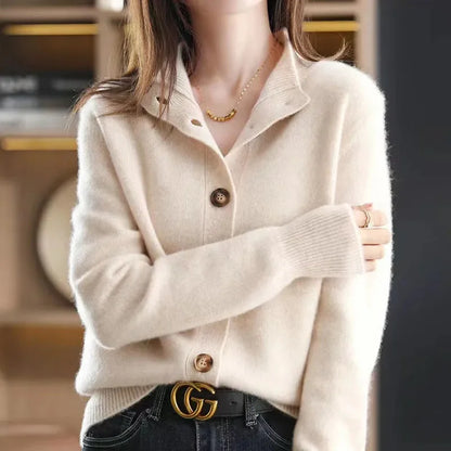 Autumn Winter New Stand collar Knitted Cardigan Solid Loose Short Jacket Women's Korean version Long sleeved Sweater Casual top