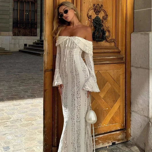 Suninheart White Off the Schulter Herbstkörperkleid 2025 Langarm Elegante Spitze Maxi Kleid Hochzeit Gastkleid für Frauen