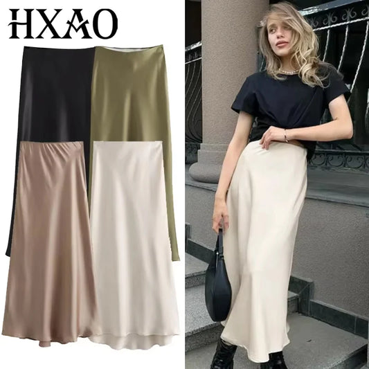 HXAO Satynowe satynowe spódnice Czarna biała zielona spódnica Khaki Summer Eleganckie spódnice damskie luksusowe gładkie spódnice z wysokim talią 066