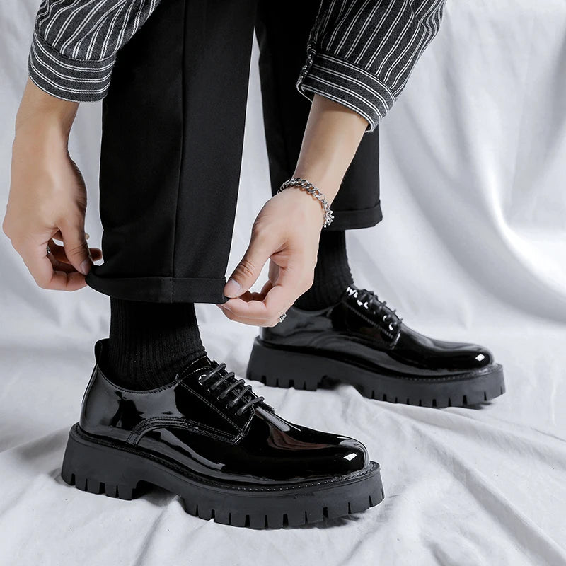 Men Black High Sole Platform Casual lederen schoenen Man Japan Harajuku Koreaanse streetwear Fashion Business Wedding Lederen schoenen