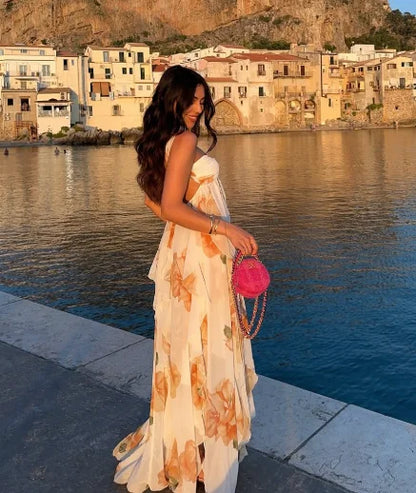 Chic Scarf Collar Printed Pleated Mini Dresses Women Sleeveless Off Shoulder High Waist Vestido New Summer Lady Party Beach Robe