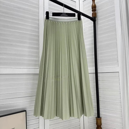 2024 Women Elegant Pleated Skirt High Waist Women Mid-long Skirt Female Ladies High Quality Women Midi Skirt Black Saia