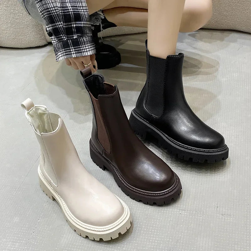 Ankle Boots Autumn Winter Classics Chelsea Boots Women Black Shoes Leather Platform Short Boots Slip on Elastic Band Goth Shoes