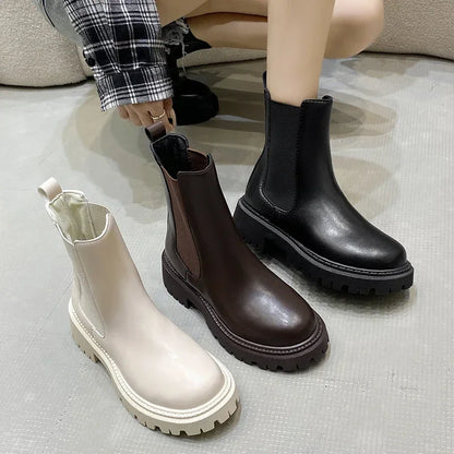 Ankle Boots Autumn Winter Classics Chelsea Boots Women Black Shoes Leather Platform Short Boots Slip on Elastic Band Goth Shoes
