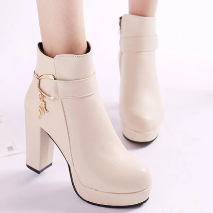 Fashion Ankle Boots Solid Color Round Head Side Zipper Design Autumn Winter Women's Fashion High Heeled Ankle Boot Size 32-43
