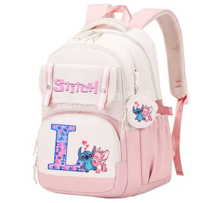 Stitch Angel Backpack Girls Disney Anime Letter A-Z Schoolbags Student School Shoulders Bag Outdoor Sport Travel Rucksack Gift