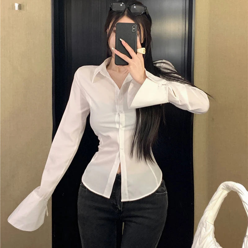Gidyq Mode Frauen Verband Hemden Korean passen straße streetwear weibliche bluse frühling lässige weiße glockenhemd Hemd neu