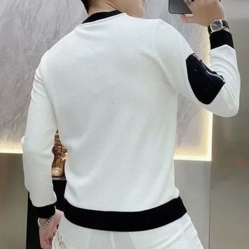 Spring Autumn Autumn Alta qualidade Luxo Camiseta redonda de pescoço masculino Trendslim Manga longa Jacquard Pullovers tops para homens