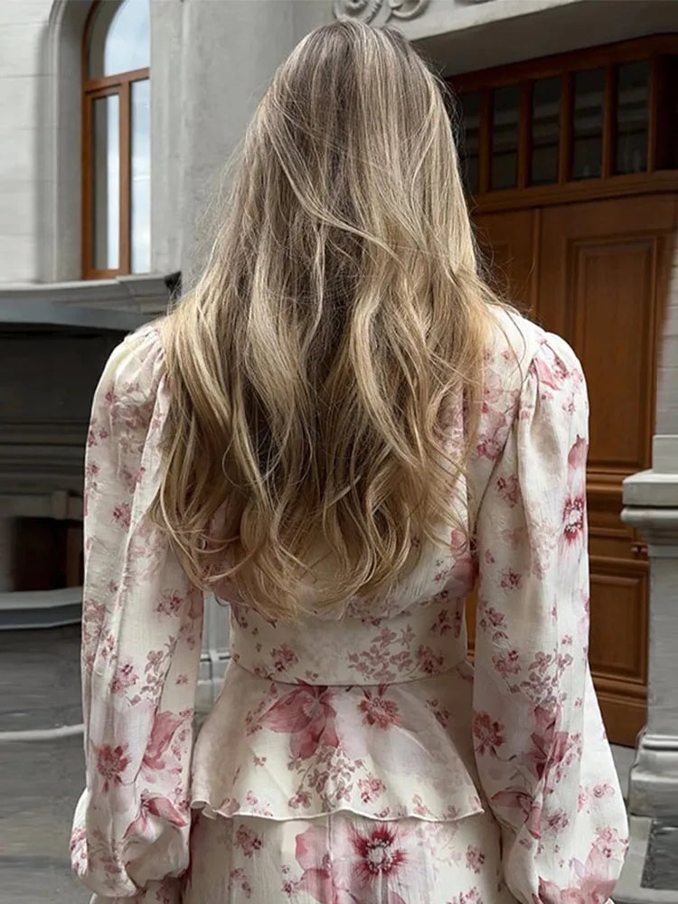 Elegant Print Tops Skirts Sets Women Full Flare Sleeve V-neck Shirts Hip Package Skirt Set Female 2025 Summer Fall Lady Suits