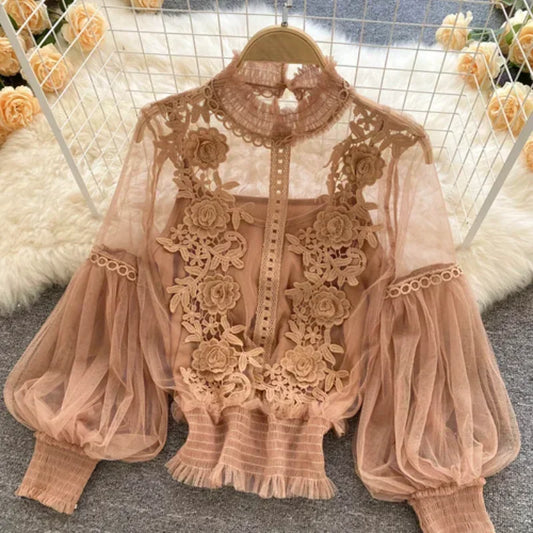 Blúndur puff langa ermi blússa vintage tískan blússur glæsilegur femme blusas kóreskur kona toppar konur skyrtur fatnaður dropshipping