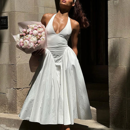 Talenza Backless Deep V Spliced Long Dress Summer Women's Sexy Party Kjole Halter Ny mode Slim hvid ærmeløs lang kjole