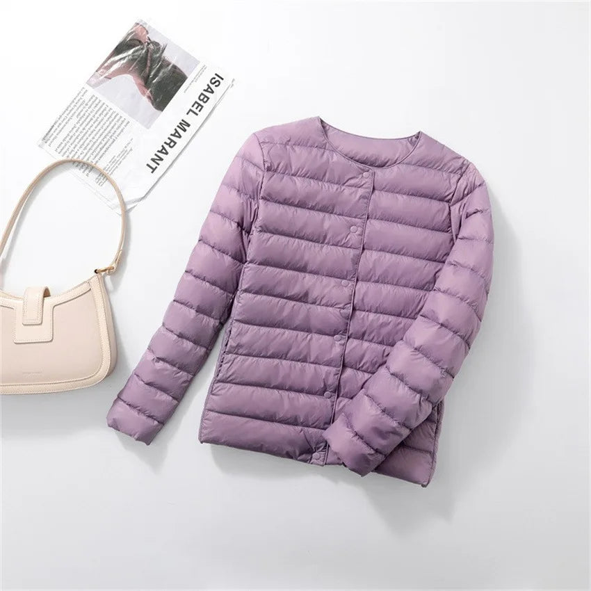 2024 Fall Spring Autume Collarless Light Quilted Puffer Coat New Women Liner Duck Down Jacket O-neck Variable V-neck Female