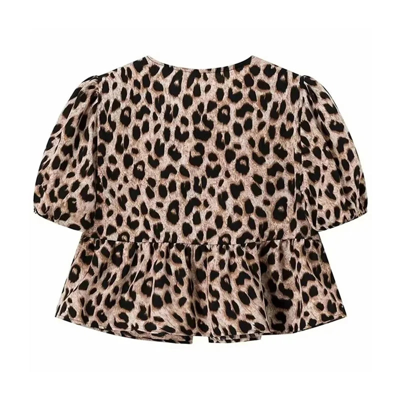 Mujer Leopard Print Crop Top Women Puff Sleeve Ruffle Bluses Woman 2025 Summer Shirts and Bluses for Women Ruched Ladies Tops