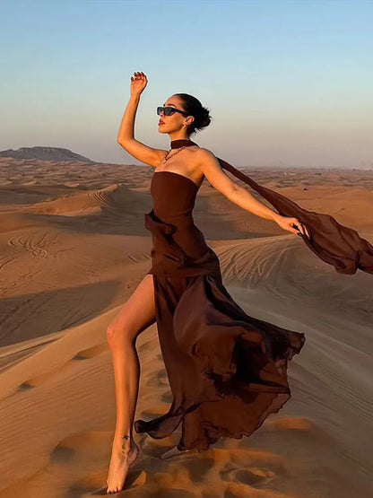 Maglie di nastro senza spalline alla moda Maxi abito Maxi abito Elegante senza maniche per vacanze senza schiena 2025 Nuove donne Abiti da spiaggia