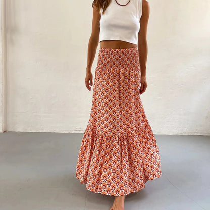 Faldas boho casuales para mujeres nuevas primavera de verano Fashion vintage flojo cintura con estampado floral estilo ético playa maxi falda