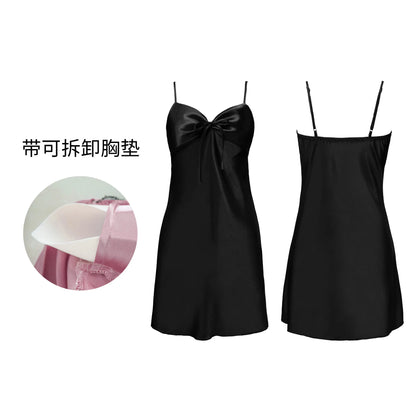 Ice Silk Pajamas Women's Summer Backless Halter Neck Short Pajamas with Bra Women's Home Clothes Pink Loose Elegant Dress