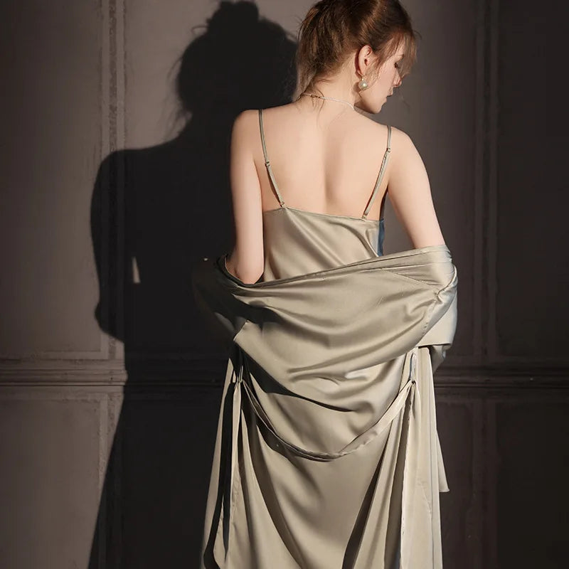High Quality Classic Solid Nightgowns Women Summer Sexy Nightdress Elastic Satin Pajamas Female Ice Silk 2pcs Suit Nightwear ﻿