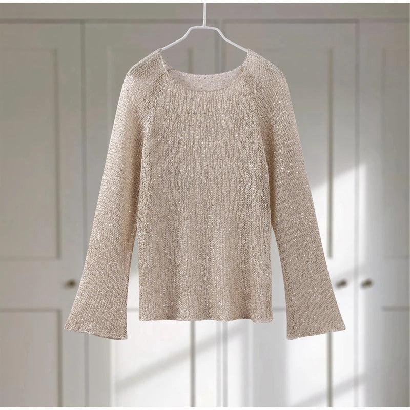 Lantejoulas de moda hollow out women women solt ar-pescoço de suéter comprido 2025 primavera nova senhora malhada camisa brilhante tops streetwear