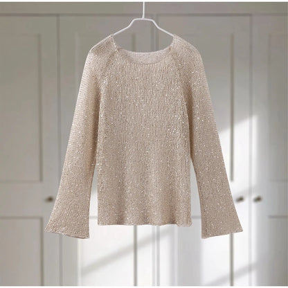 Lantejoulas de moda hollow out women women solt ar-pescoço de suéter comprido 2025 primavera nova senhora malhada camisa brilhante tops streetwear