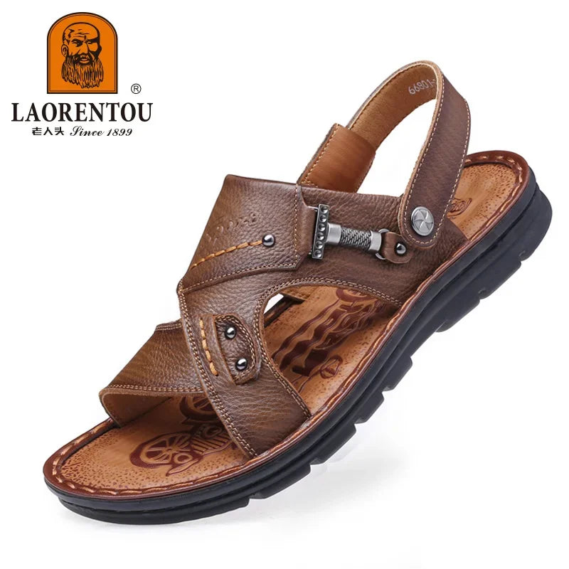Laorentou lederen mannelijke sandalen casual strandschoenen dragen niet-slip sandalen en sliers koehide