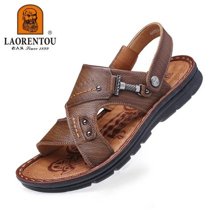 Laorentou lederen mannelijke sandalen casual strandschoenen dragen niet-slip sandalen en sliers koehide