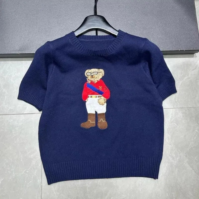 Eurooppalainen tyylinen luksusbrändi löysä O-kaula-aukkoa Pullover Tops Neule Woman Lyhythihainen T-paita Ladies Wooleulottu villapaita