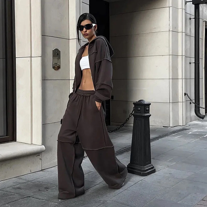 DSMTRC Autumn Winter Outfits High Street Lady Brown Suit Zipper Full Sleeve Hoodies+Low Waist Pants 2Pcs Tracksuit for Woman New