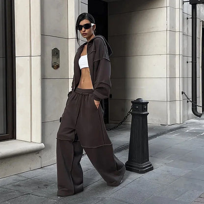 DSMTRC Autumn Winter Outfits High Street Lady Brown Suit Zipper Full Sleeve Hoodies+Low Waist Pants 2Pcs Tracksuit for Woman New