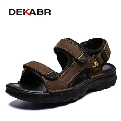 DEKABR Men Genuine Leather Sandals Summer Beach Breathable Fisherman Shoes Slipper Style Soft Bottom Flat Shoes Plus Size 38~48