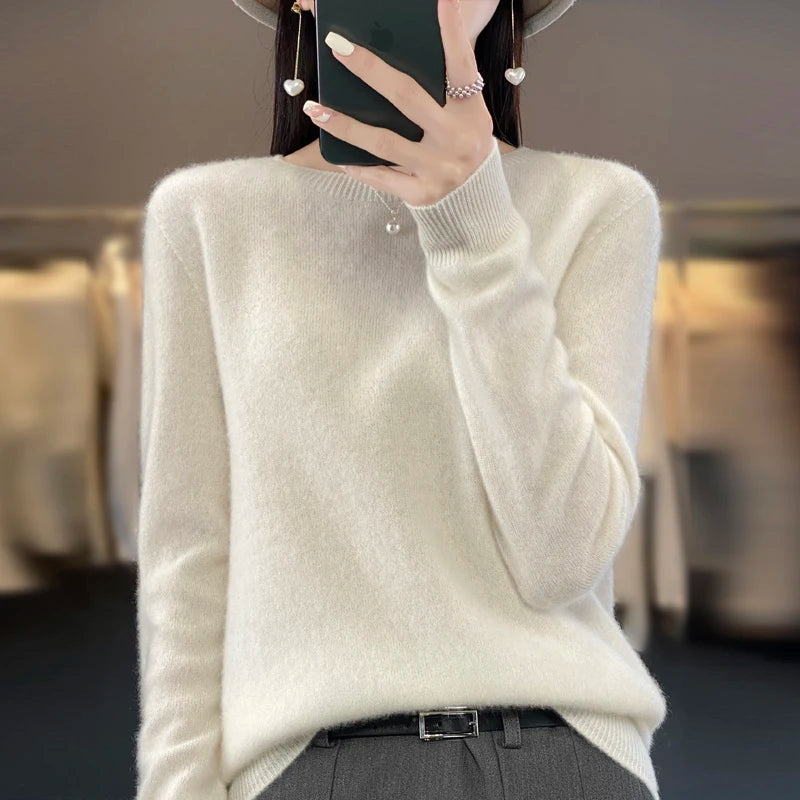 Autumn Winter 100% Merino Wool cashmere Sweater O-Neck Long Sleeve Cashmere Women Knitted Pullover Clothing Top