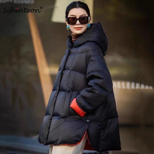 Schinteon Women Down Jacket Casual Loose Over Size Warm Autumn Winter Outwear White Duck Down with Hood Fashion Coat 2024 New