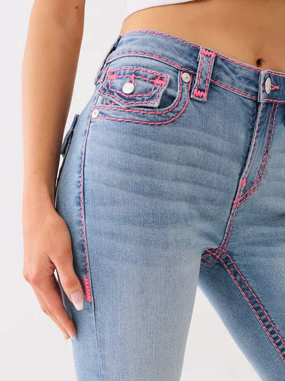 Sexig retro Buddha broderad låg stigning jeans kvinnor skinny jeans fashionabla flare jean casual tvättade byxor svettkläder denim byxa
