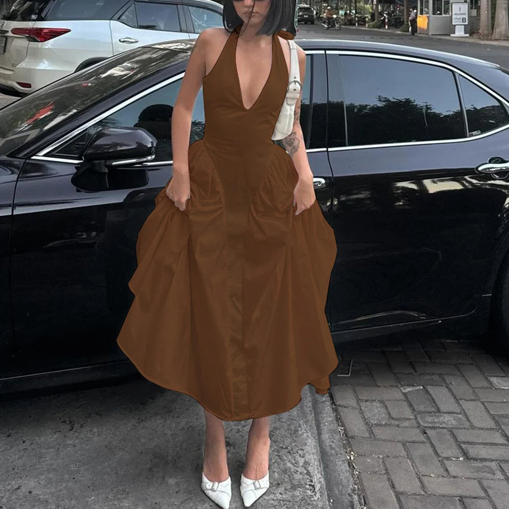 Talenza Backless Deep V Spliced Long Dress Summer Women's Sexy Party Kjole Halter Ny mode Slim hvid ærmeløs lang kjole