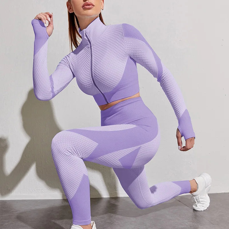 2pcs nahtlose Frauen Yoga Set Workout Sportswear Fitnesskleidung Fitness Langarm Crop Top High Taille Leggings Sports Anzüge