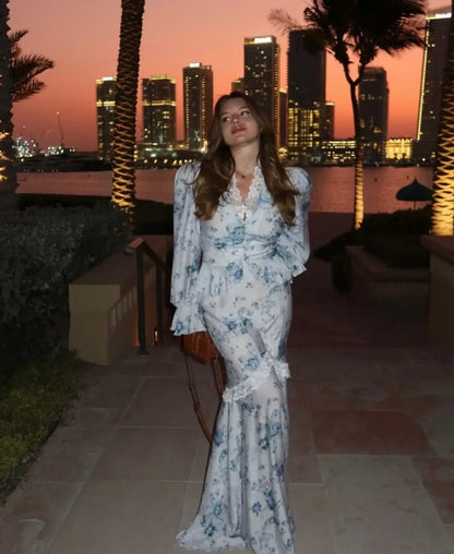 Elegant Print Tops Skirts Sets Women Full Flare Sleeve V-neck Shirts Hip Package Skirt Set Female 2025 Summer Fall Lady Suits