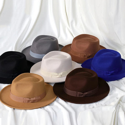 2022 Nya mode män fedoras hatt kvinnors jazzhatt med fluga elegant vår svart ullblandning mössa utomhus fellans hatt