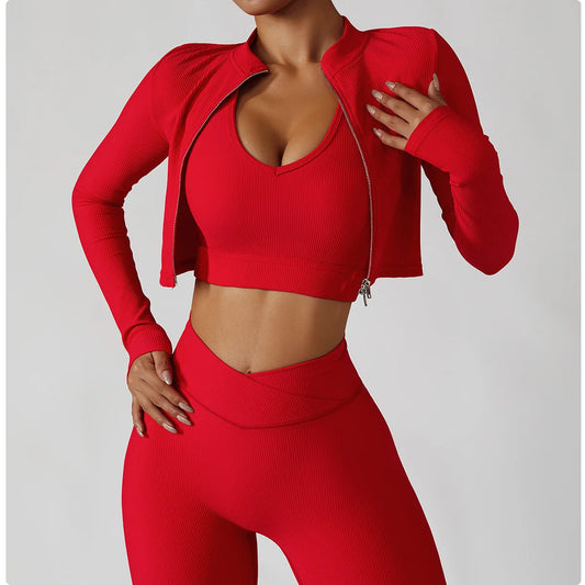 Women's Yoga Set  Sports Jacket Bra Legging Workout Gym Push Up Yoga Sportswear Suit Fitness