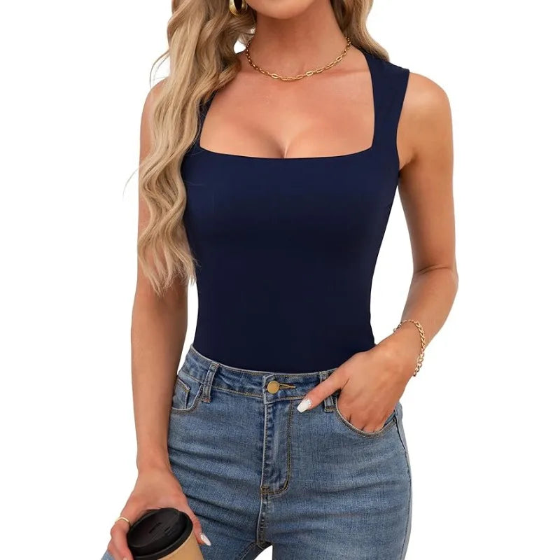 Kynþokkafull slimming t-shirts fyrir konur tísku ferningur háls ermalaus toppar harajuku skriðdreka kona föt frjálslegur toppur teigur götufatnaður