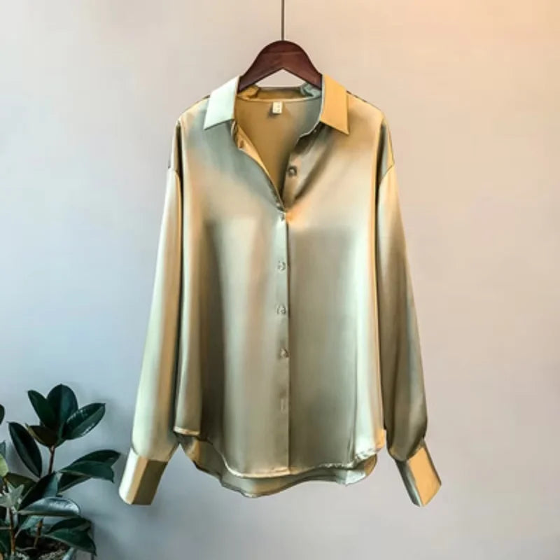 Spring Fashion Button Up Satin Seidenhemd Vintage Bluse Frauen weiße Tops Lady Long Sleeves weibliche losen Straßenhemden 11355