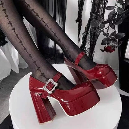 Super High Heel Shoes New Round Head Shallow Mouth Metal Buckle Thick Heel Waterproof Platform Mary Jane Women's Shoes