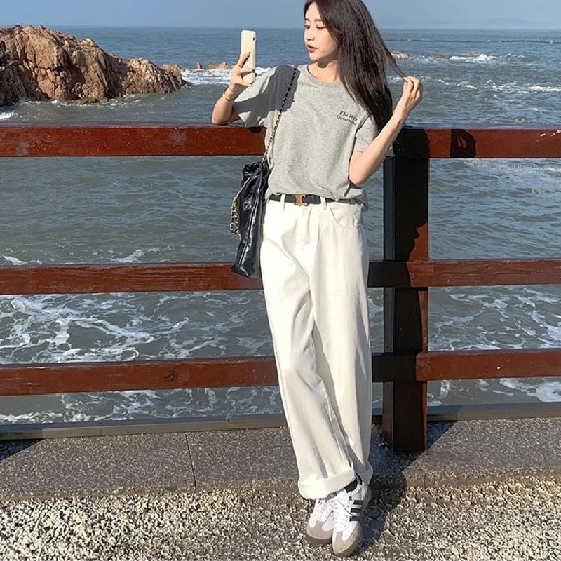 「MD」Loose White Wide Leg Jeans Women Drape High Waist Straight Wide Leg Pants Mopping Pants
